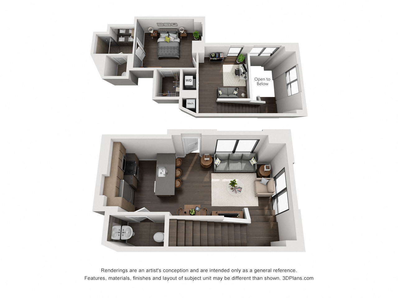 Floor plan for 1 bed, 1.5 baths, 984 sqft